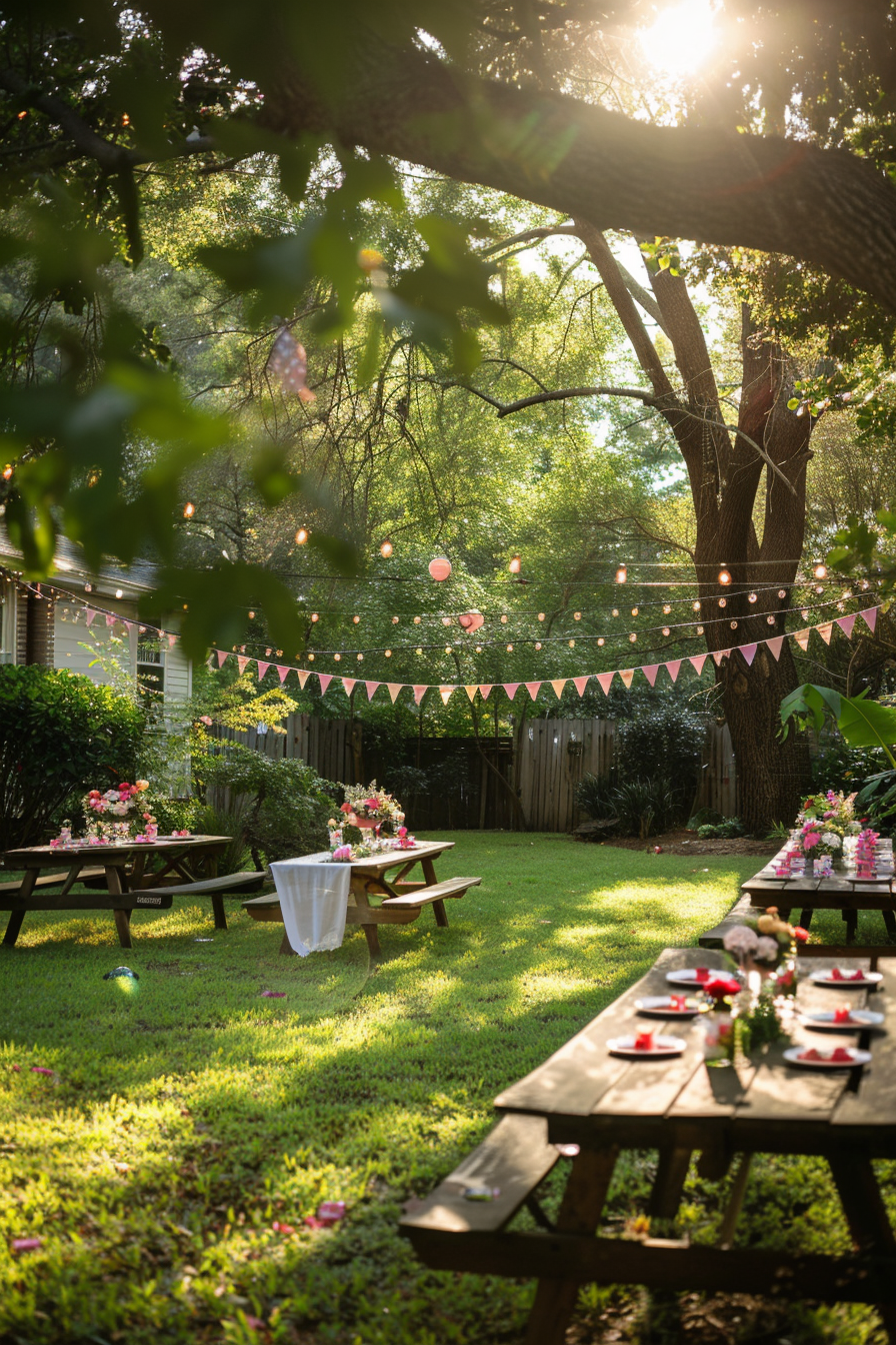A cozy backyard party setup with string lights, pink decorations, and picnic tables adorned with floral centerpieces.