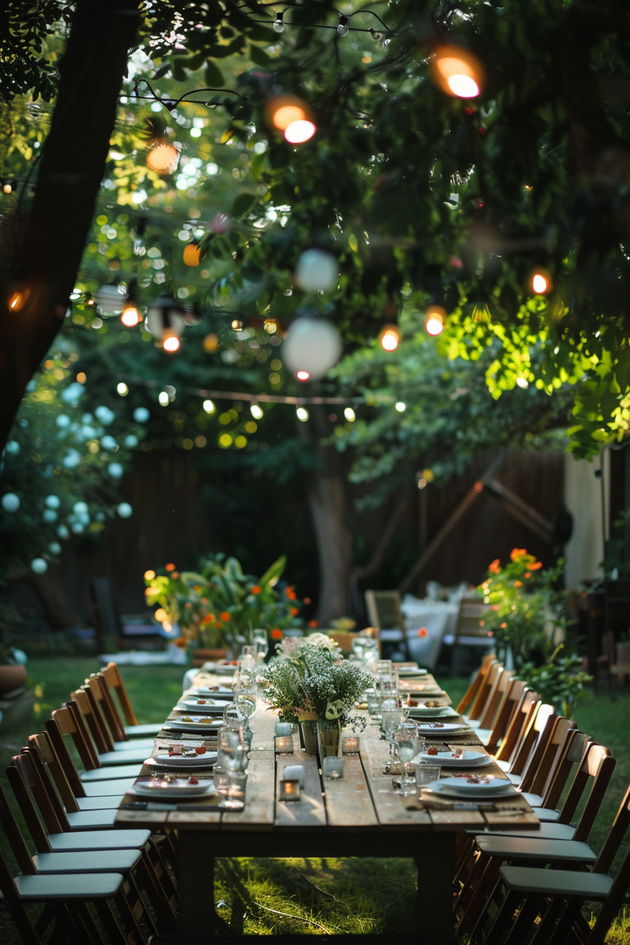 An outdoor dining setup with string lights, a long table set with glasses and plates, surrounded by greenery in a garden.
