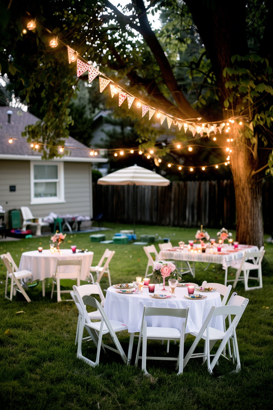 Outdoor evening party setting with lit string lights, white tables and chairs, and floral decorations on green grass.