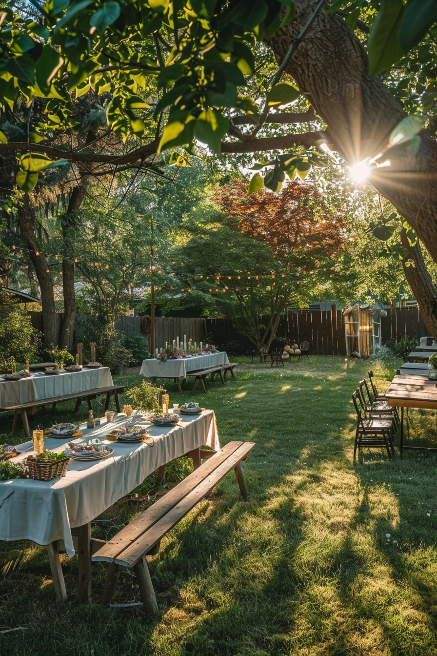 Sunlight filters through trees onto a serene outdoor dining setup with rustic tables, chairs, and string lights in a lush garden.