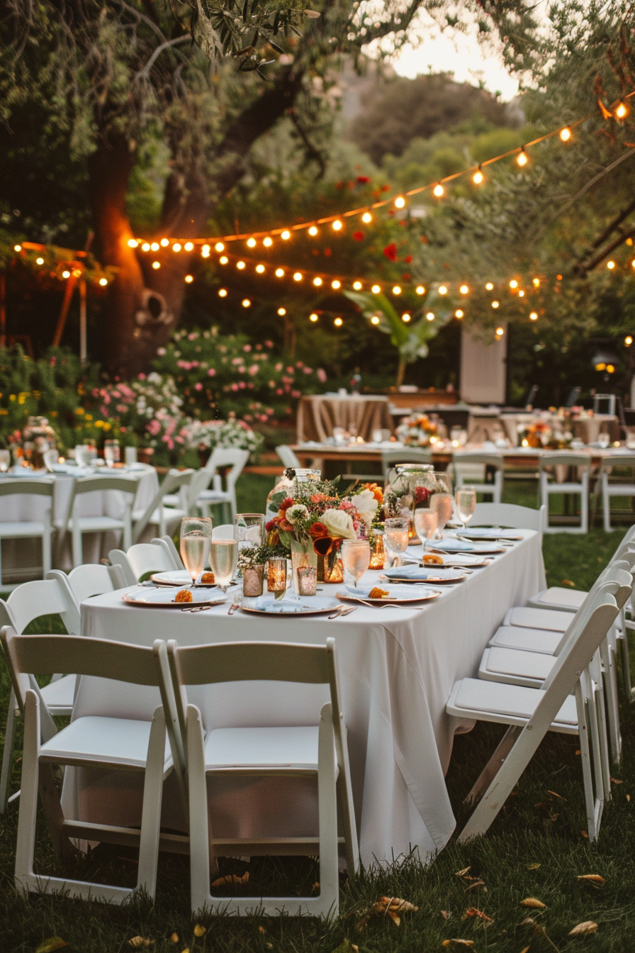 Outdoor evening wedding reception setup with tables, white chairs, and string lights among trees.