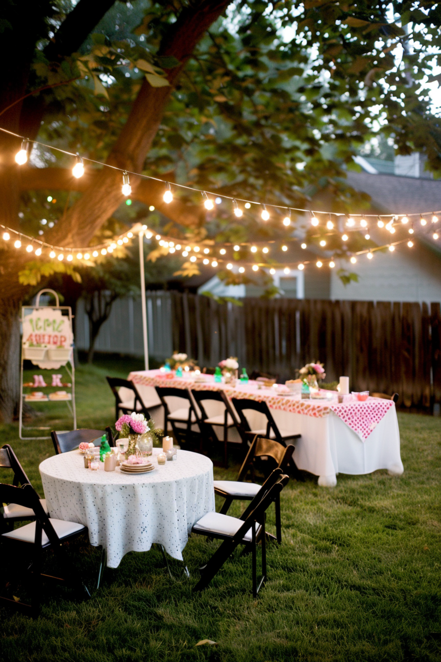 An outdoor evening event setup with string lights, round tables, black chairs, and floral centerpieces on a grassy lawn.