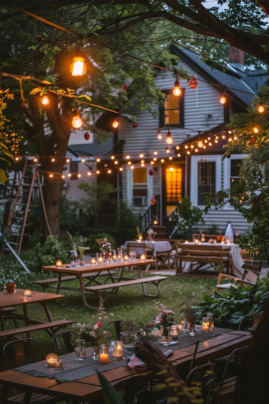 Cozy backyard evening setting with string lights, wooden tables, and lit candles creating a warm ambiance.