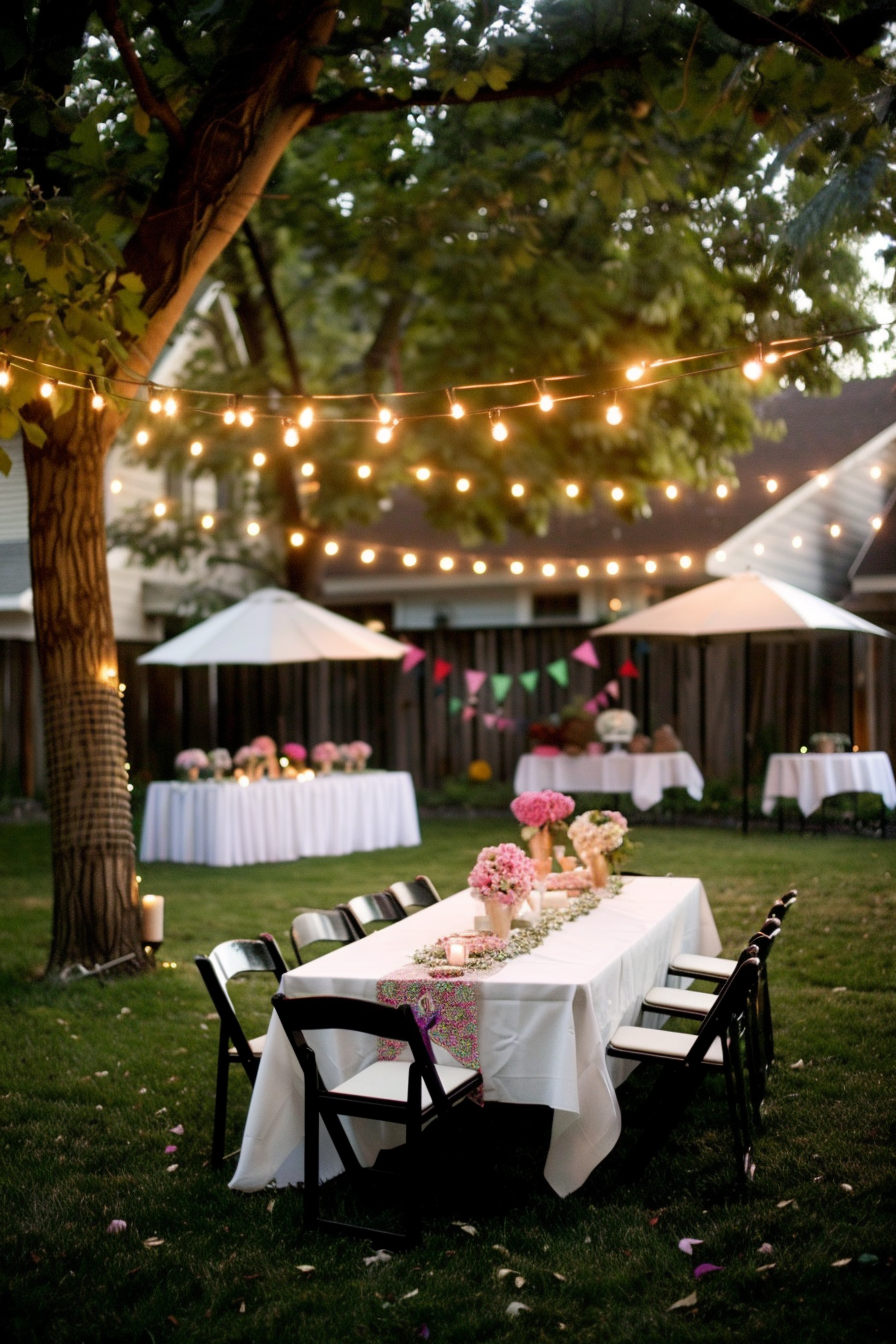 Alt text: An outdoor evening event with tables adorned with flowers under string lights, creating a warm, inviting ambiance.