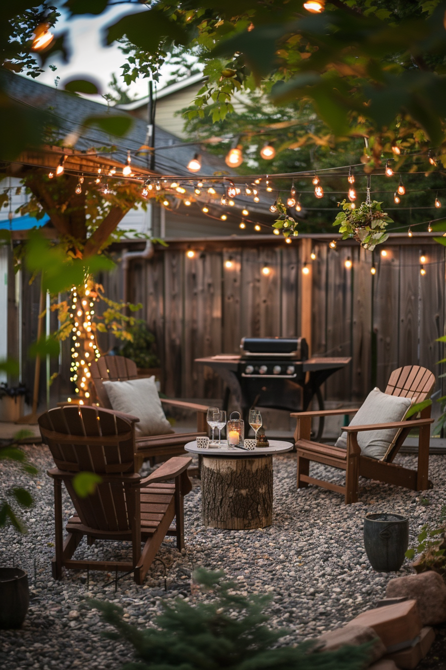 Cozy backyard setup with string lights, Adirondack chairs, a stump table, candles, and a barbecue grill surrounded by trees and gravel.