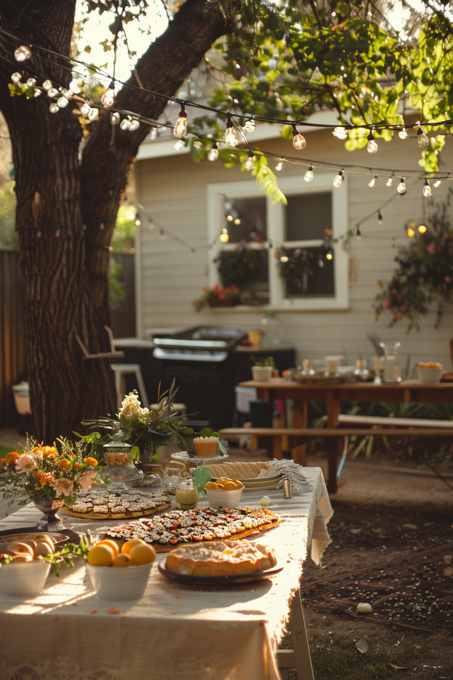 Backyard garden party setup with a table full of food, string lights, and a grill.