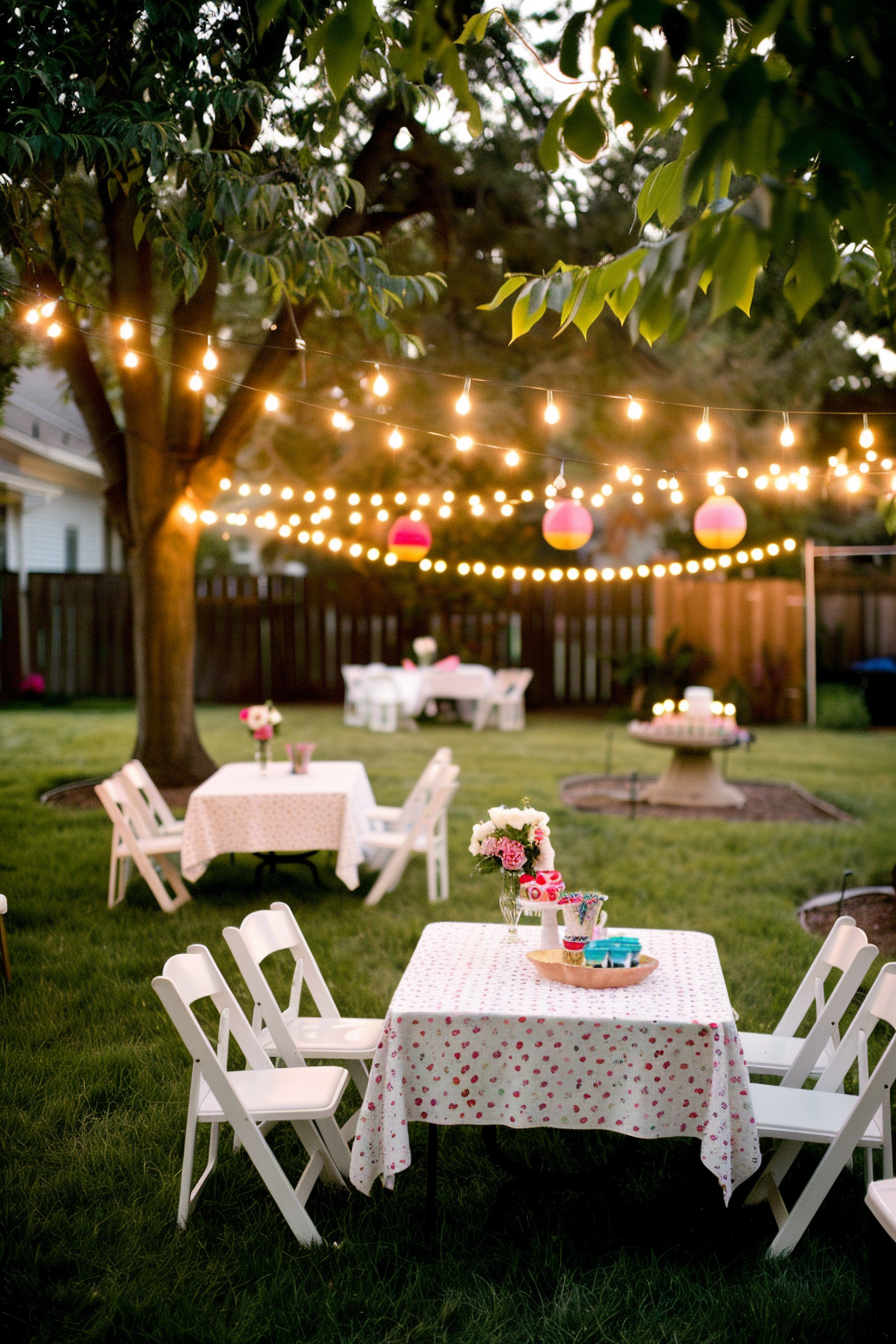 An evening garden party setup with tables, chairs, string lights overhead, and decorative paper lanterns.