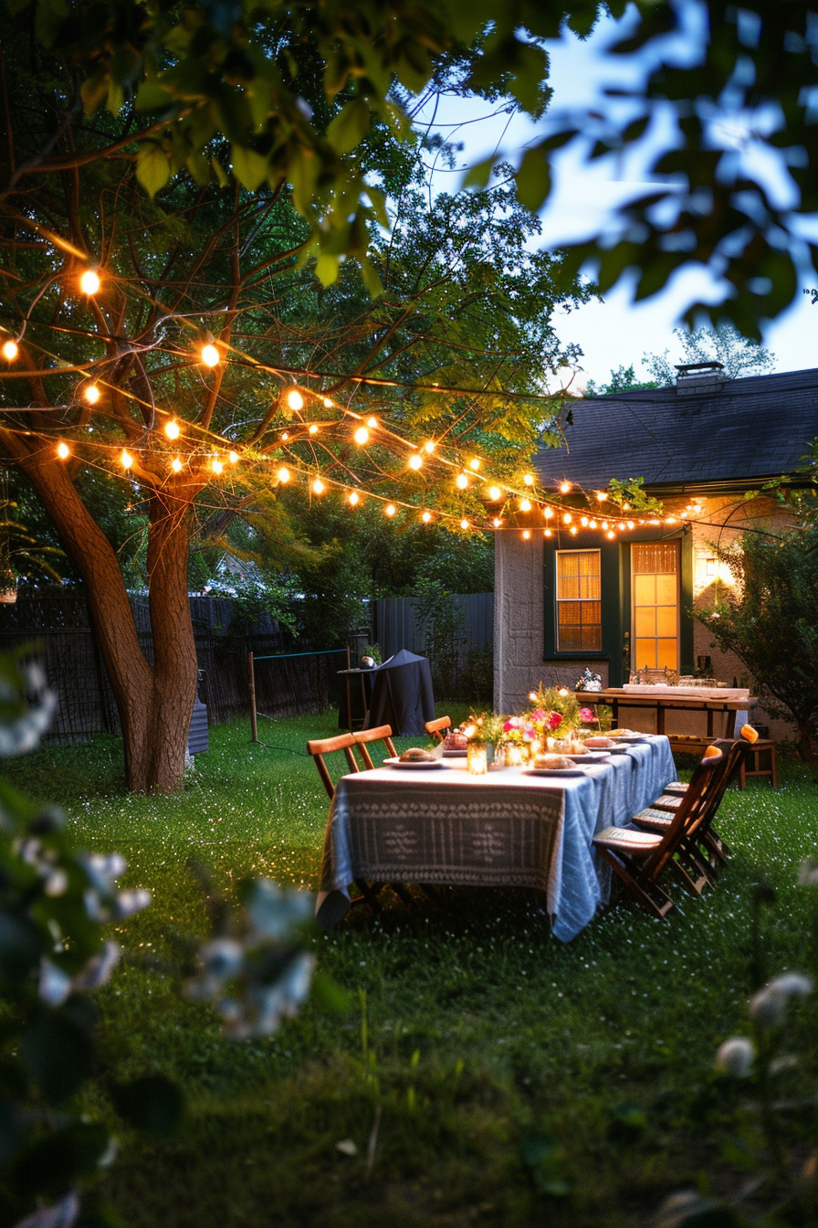Cozy evening backyard scene with a dining table under string lights, ready for an intimate outdoor dinner.