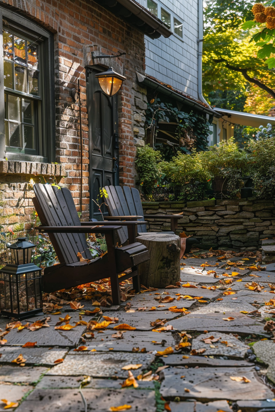A cozy autumn scene with two Adirondack chairs by a brick house, a lit street lamp, and fallen leaves on a stone pathway.