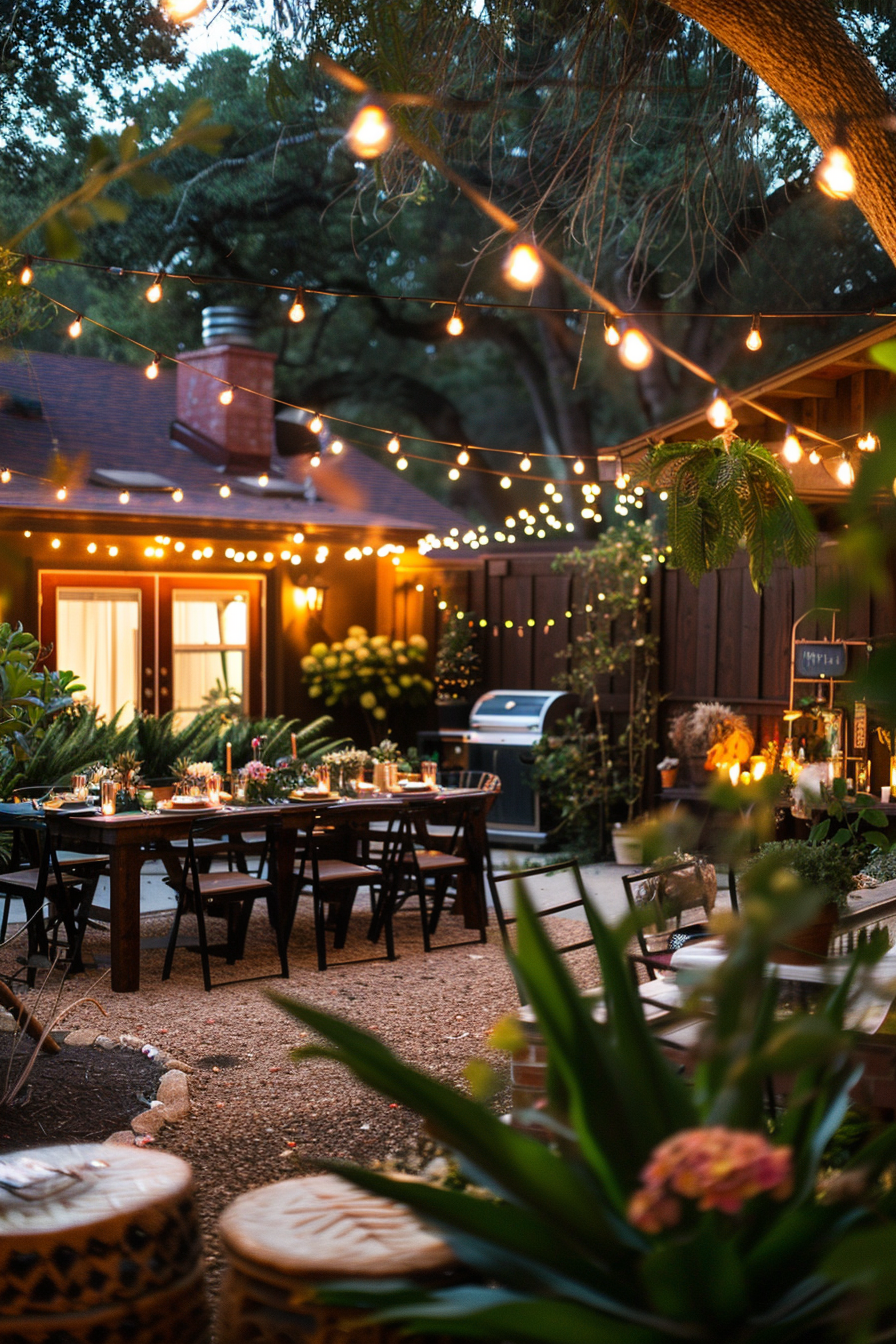 Cozy backyard evening with string lights, a dining table set for a meal, plants, and a barbecue grill near a wooden house.
