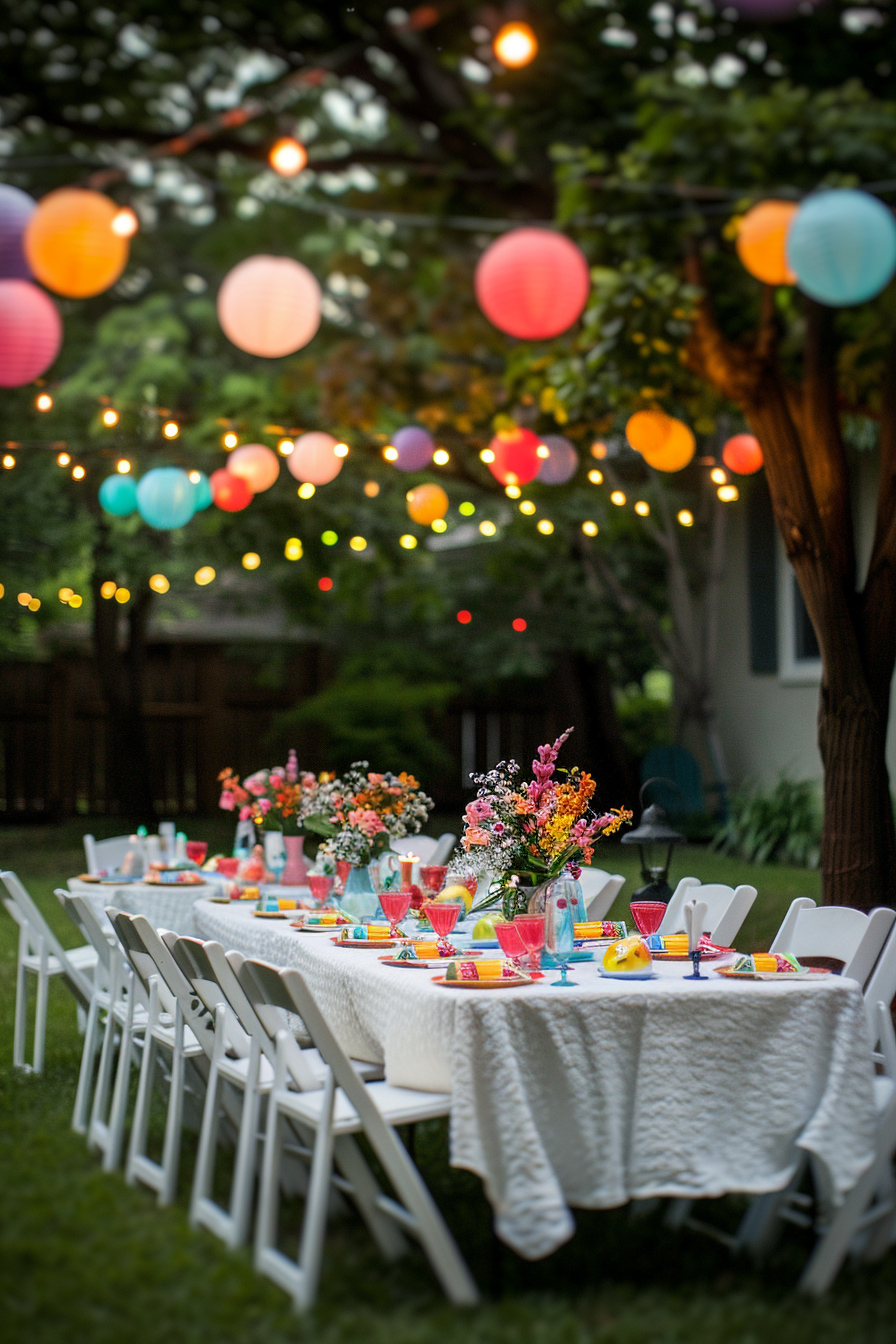 Outdoor party setting with a long table, white chairs, colorful tableware, and hanging lights against a dusk backdrop.