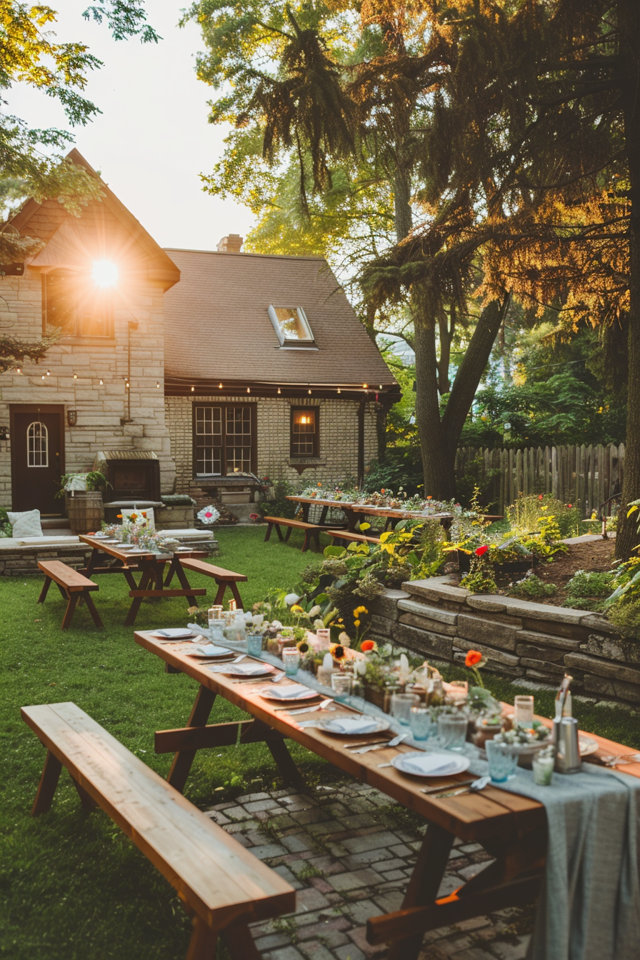 Charming outdoor dining setup in a backyard garden at sunset with picnic tables, flowers, and a stone house in the background.