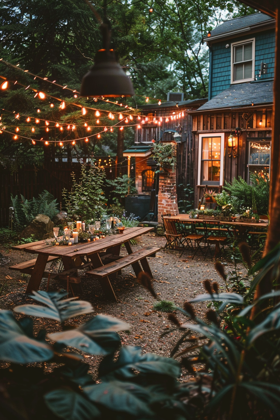Cozy backyard evening setting with string lights above a wooden picnic table, surrounded by lush greenery and a quaint house.