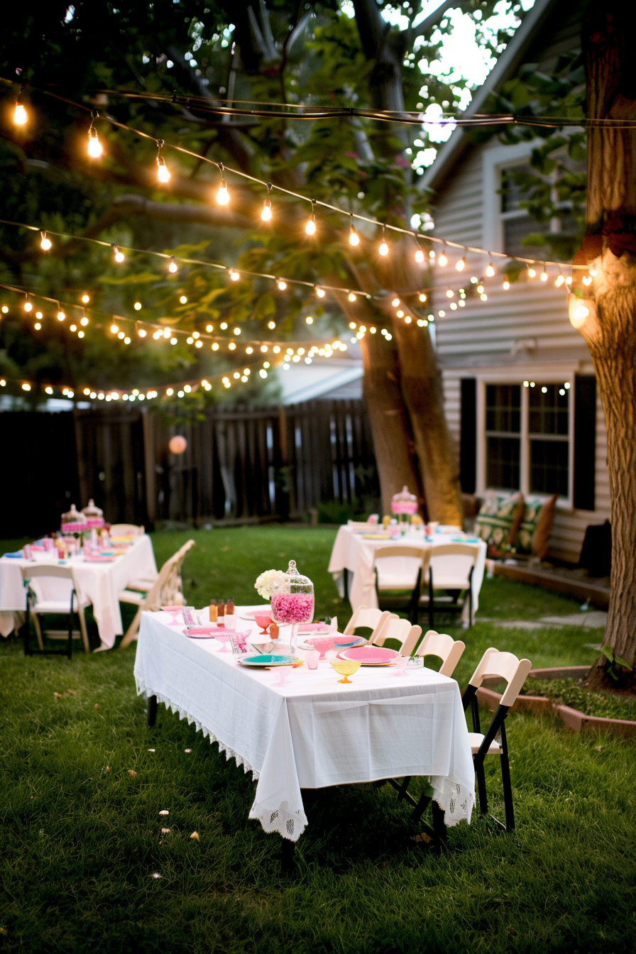 Outdoor evening garden party setting with string lights, decorated tables, and chairs on the lawn.