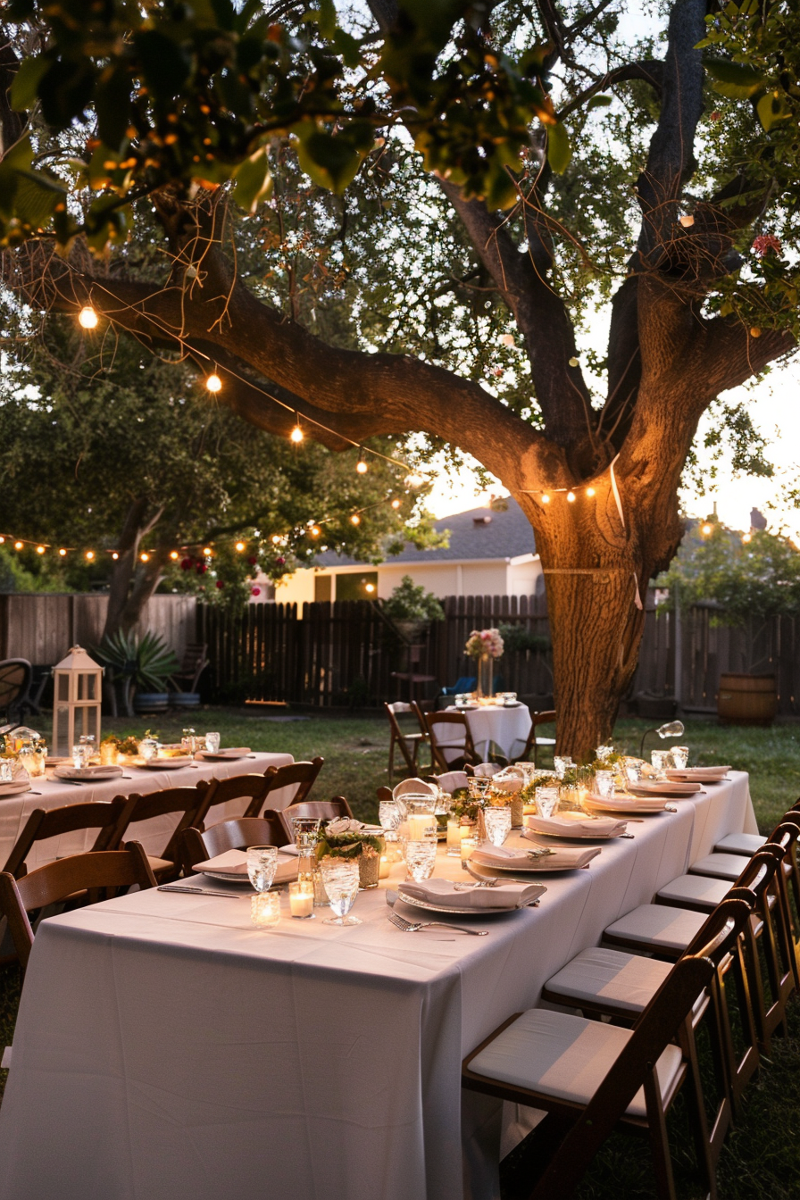 Outdoor dining setup with string lights in a backyard at twilight, elegant table settings and chairs under a tree.