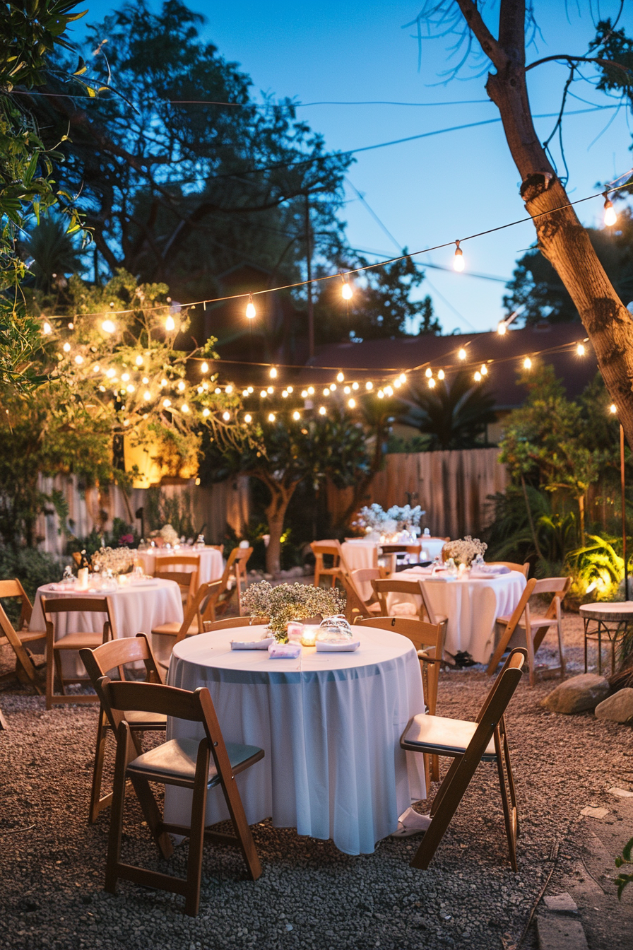 Outdoor evening event setup with tables, chairs, and string lights among trees.