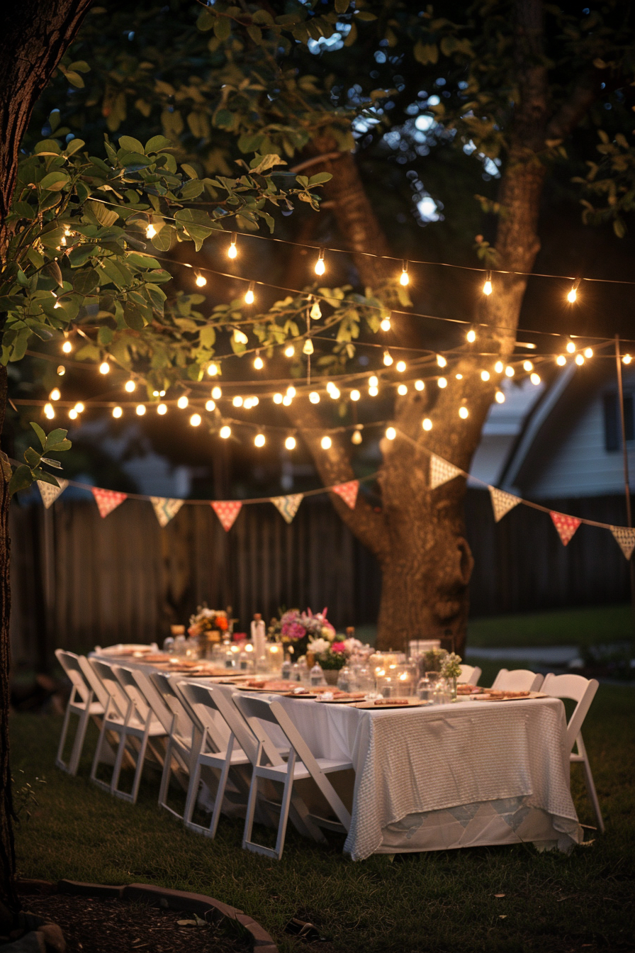 An outdoor evening dinner setup with string lights, a decorated table under a tree, and festive bunting in a backyard.