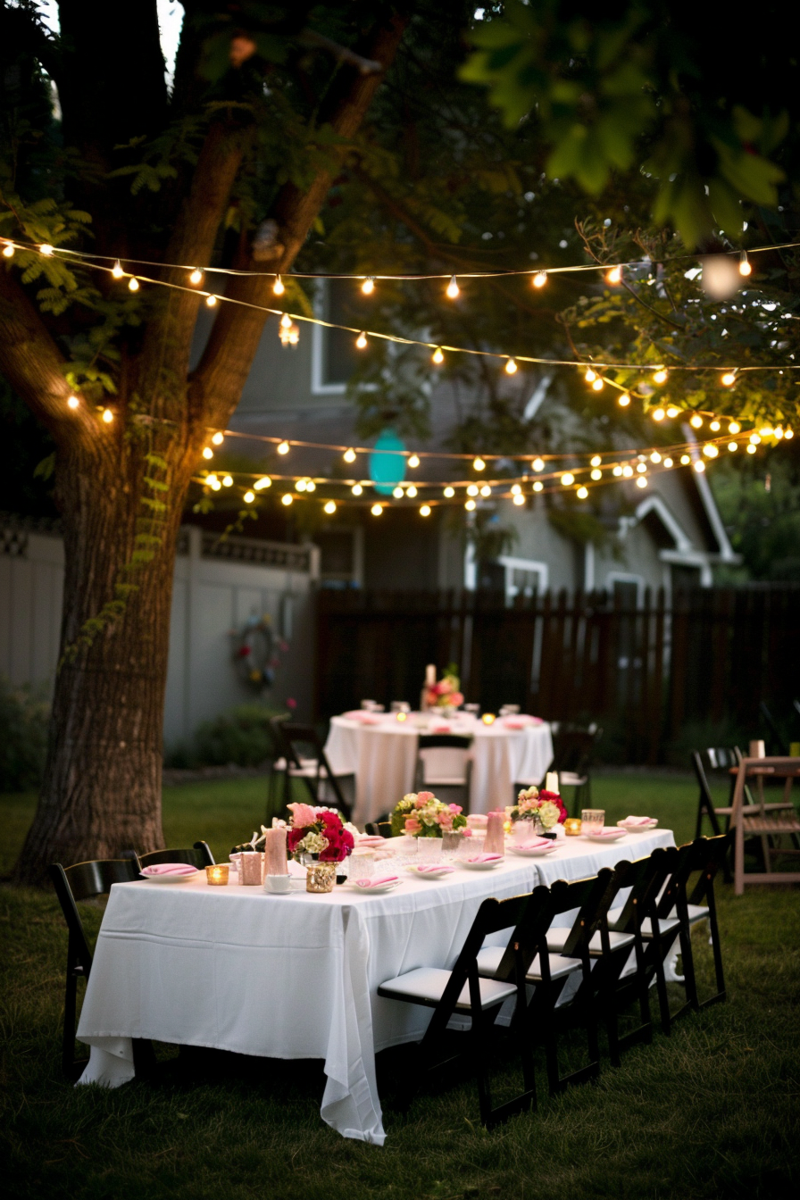 Alt text: An evening outdoor setting with tables dressed in white linens, adorned with pink flowers, and string lights above providing a warm glow.