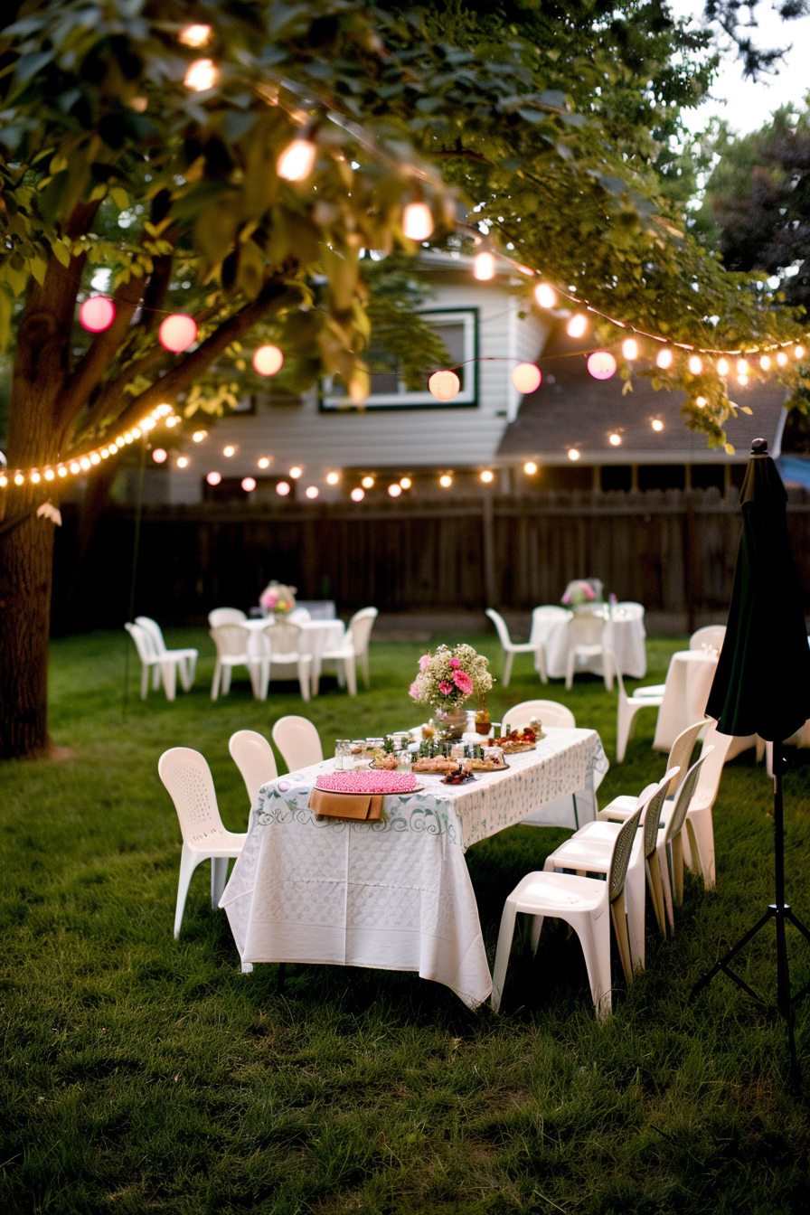 An outdoor evening event setup with string lights, tables, chairs, and a buffet on a lawn, creating an inviting ambience.