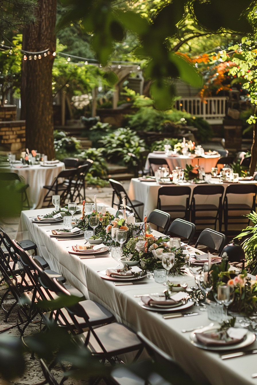 Outdoor dining setting with elegantly set tables adorned with floral decorations, surrounded by lush greenery and string lights.