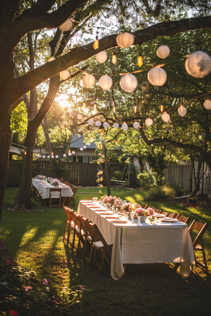 Outdoor dining setup with string lights and paper lanterns at sunset, creating a warm, inviting ambiance.