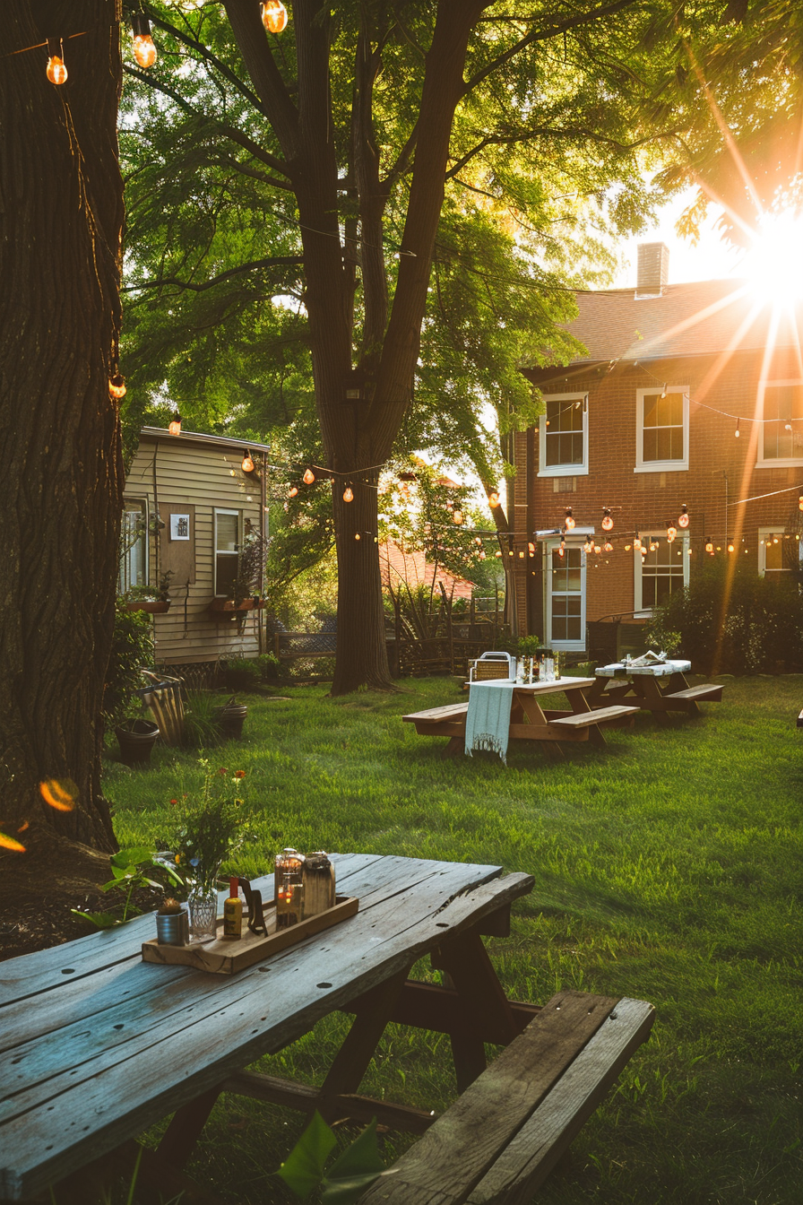 Cozy backyard with string lights, picnic tables, and a setting sun peeking through the trees beside a brick house.