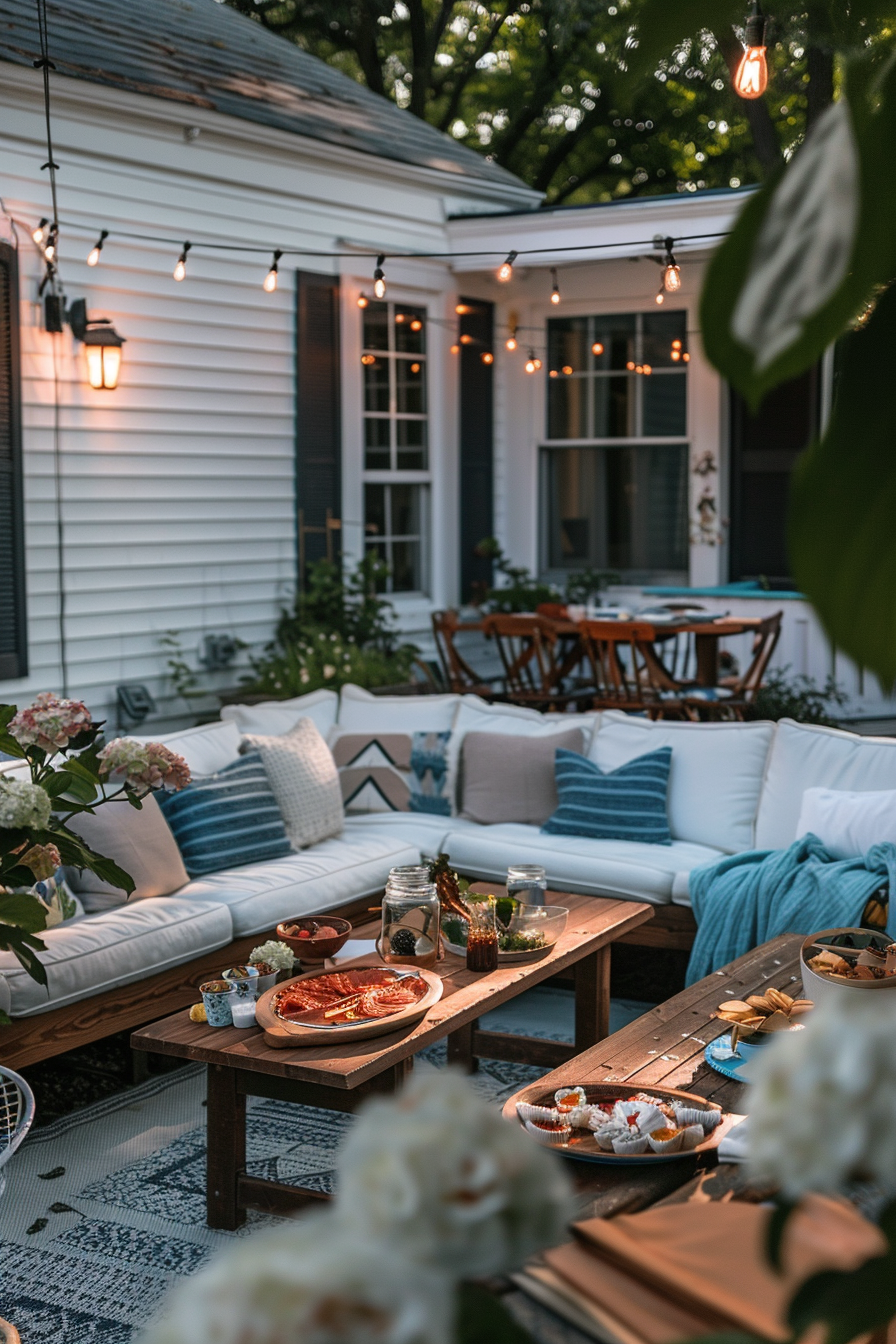 Cozy outdoor living space with string lights, a white couch with blue pillows, wooden tables with food, and a background house.
