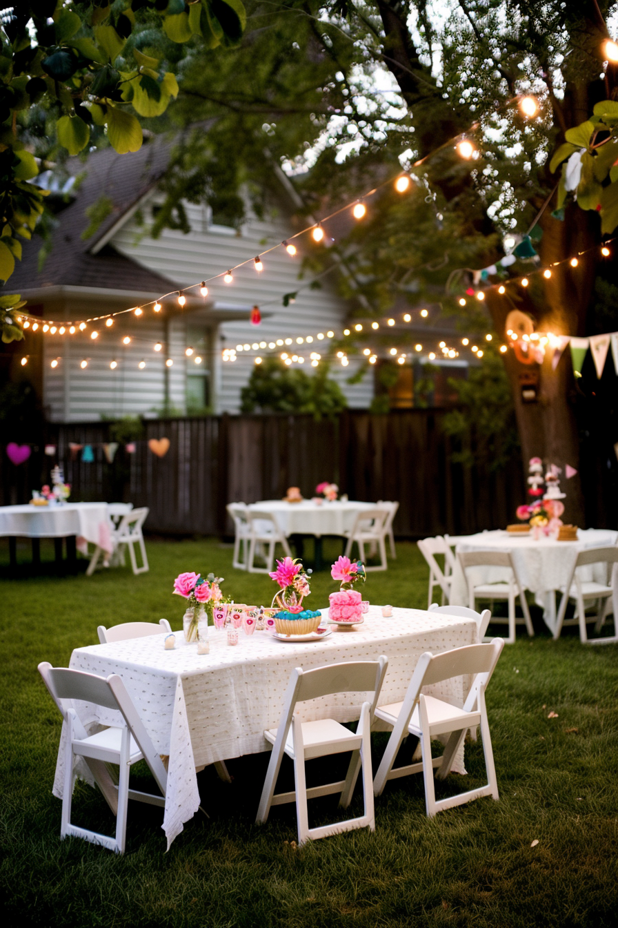 Outdoor evening garden party set-up with string lights, white tables and chairs, and decorative pink flowers.