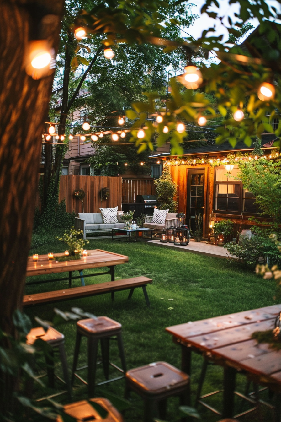 Cozy backyard in the evening with string lights, a seating area with cushions, and a wooden deck leading to a house.