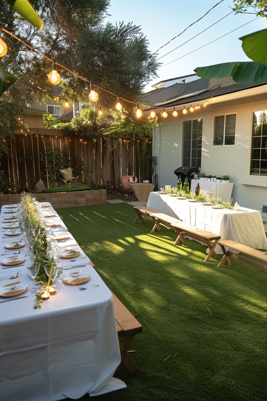 Outdoor dining setup in a backyard with a long table, benches, string lights, and a grill in the evening.