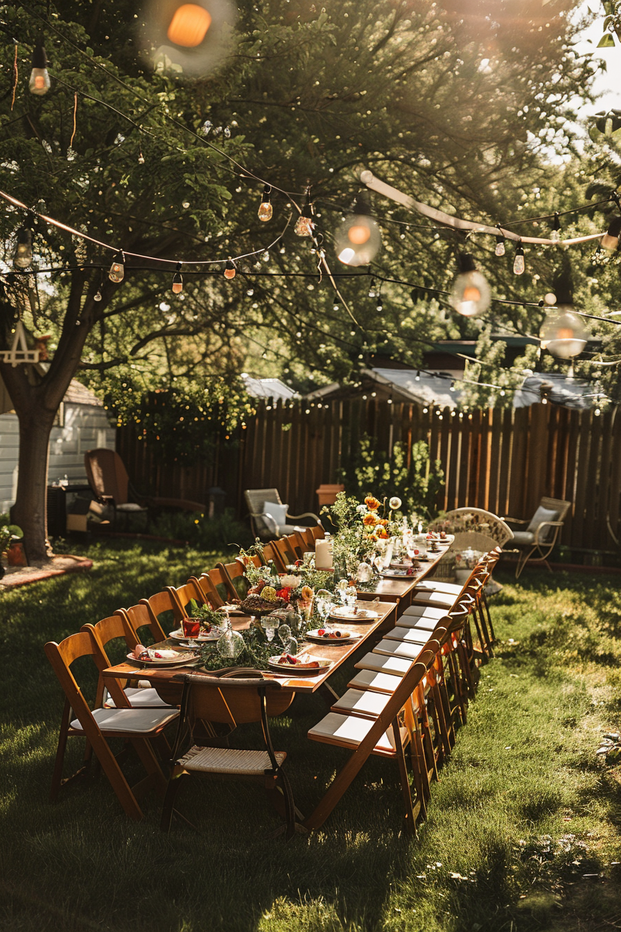 A beautifully set outdoor dining table with wooden chairs, floral arrangements, and string lights in a backyard at dusk.