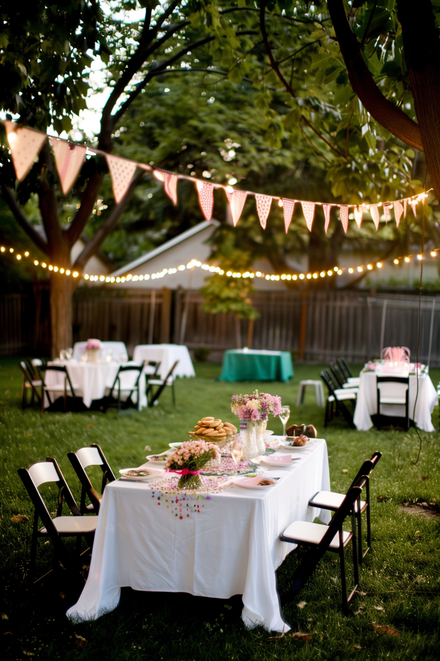 Outdoor evening garden party setup with string lights, bunting, and tables decorated with flowers and a spread of food.