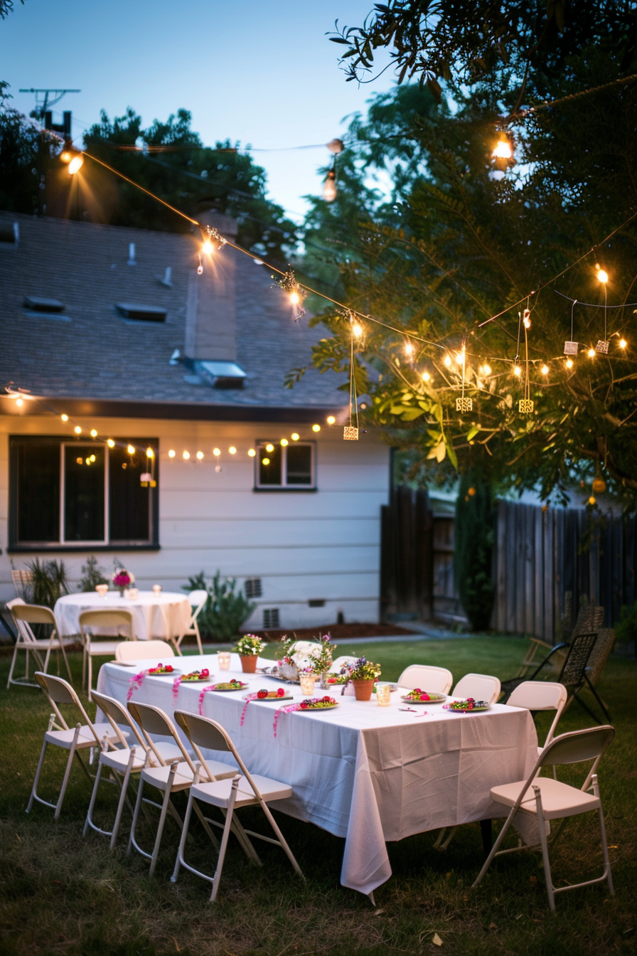 Twilight backyard setting with tables set for a party, adorned with flowers and lit by string lights.