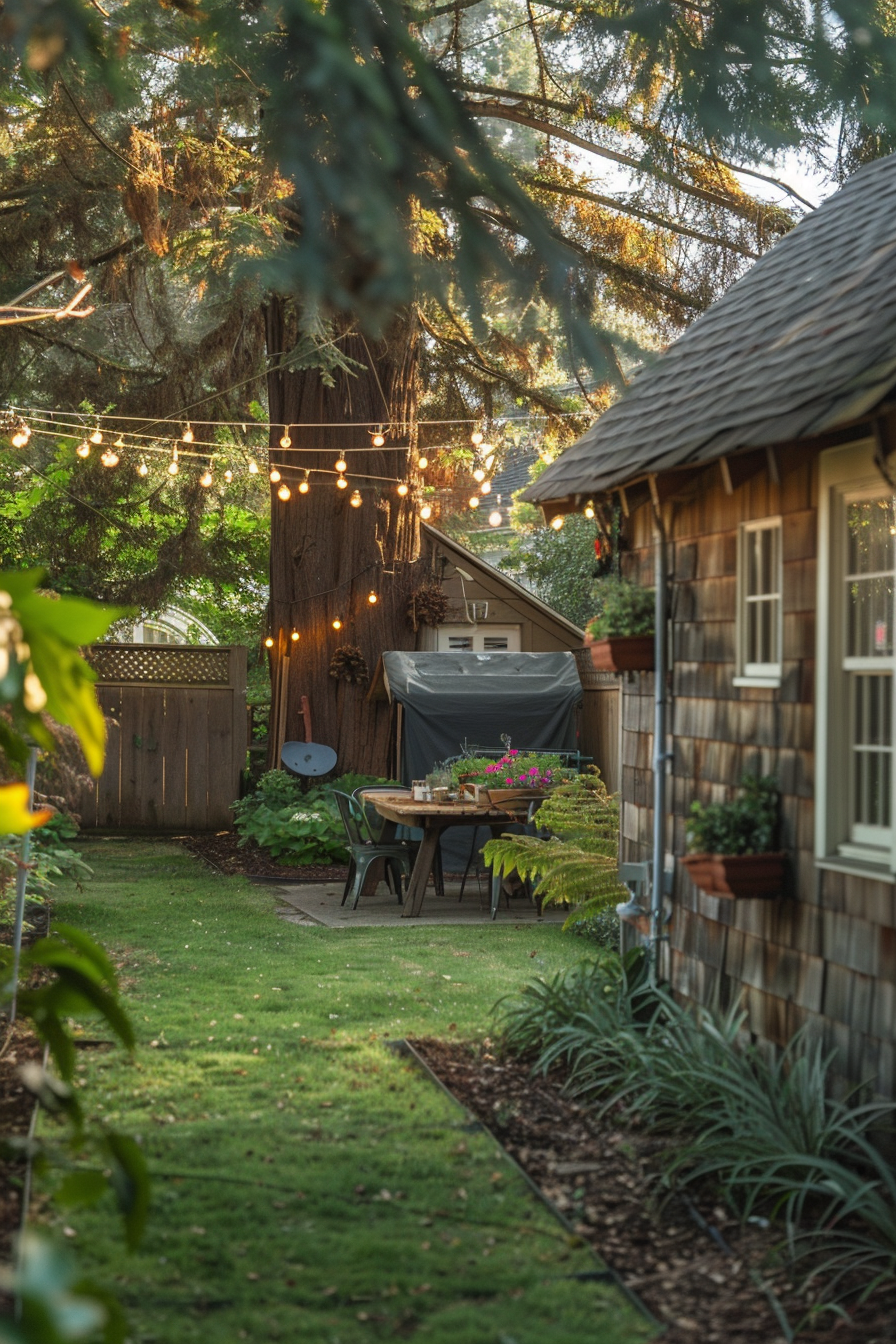 Cozy backyard with string lights, lush greenery, a wooden table with a tea set, and a rustic cottage on the side.
