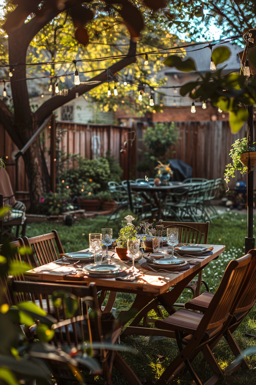 Outdoor dining setup in a lush garden with tableware and string lights at sunset, creating a cozy ambiance.