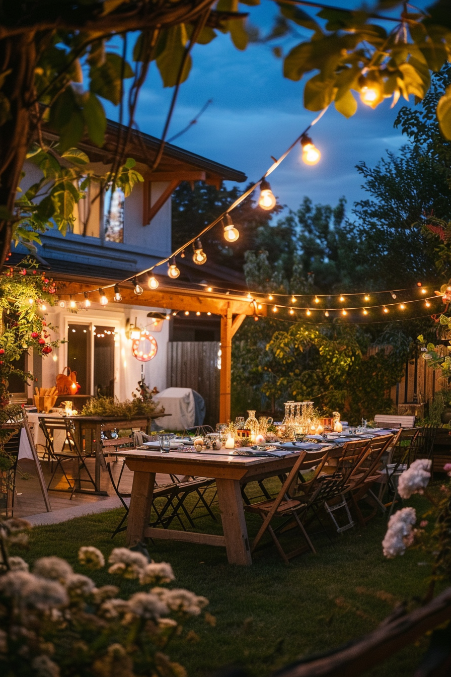 Outdoor evening dinner setting with tables, chairs, and string lights in a garden near a house.