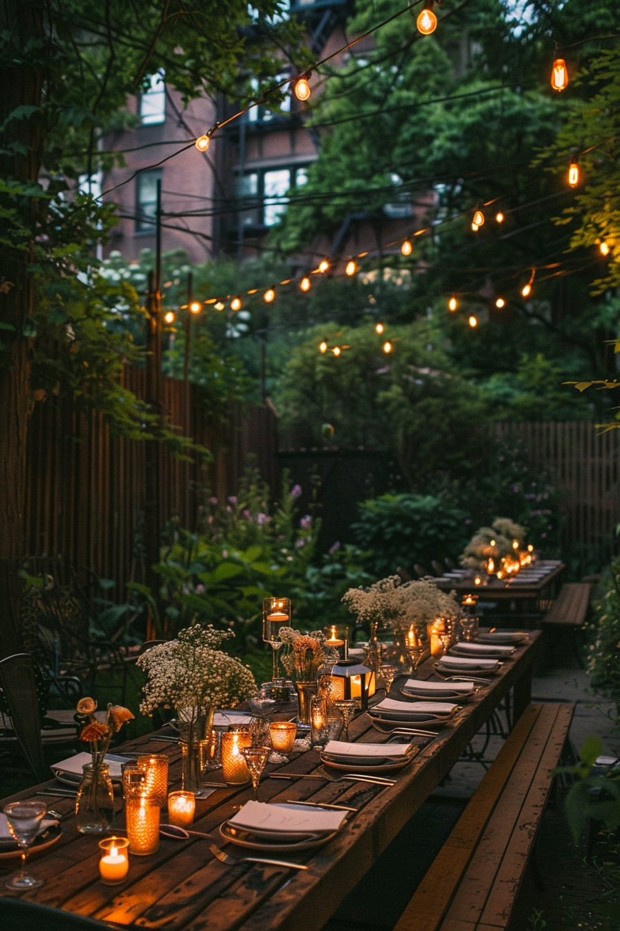 Outdoor dining setup at dusk with a wooden table, string lights above, and candlelit centerpieces, amidst greenery.