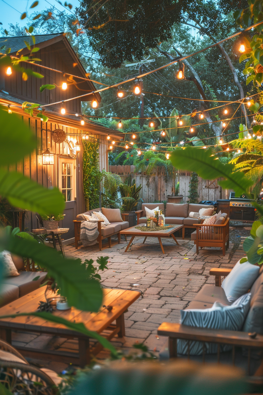 Cozy backyard patio with string lights, comfortable seating, wooden tables, and lush greenery during the evening.