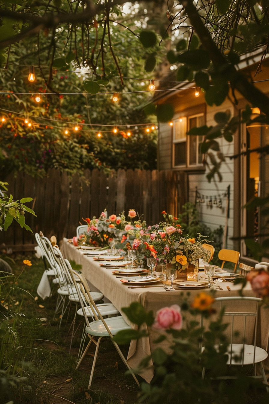 Outdoor dinner table elegantly set with colorful flowers and string lights, set in a cozy garden at dusk.