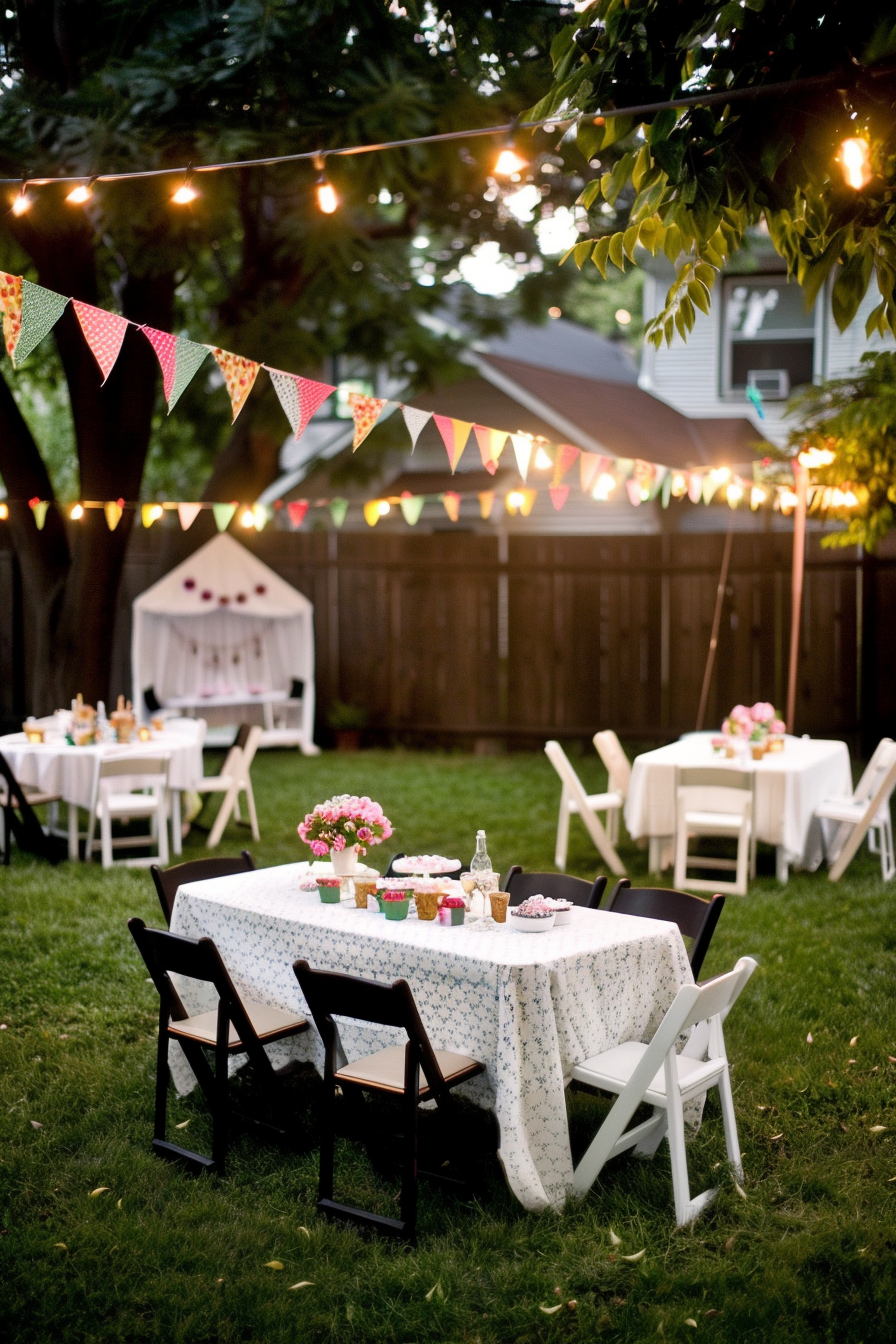Outdoor backyard party setup with tables, chairs, string lights, and colorful bunting.