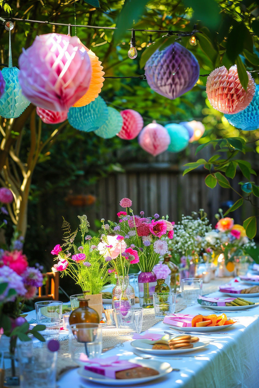 A vibrant garden party setting with colorful hanging paper lanterns, a table set with flowers, glasses, and plates with food.
