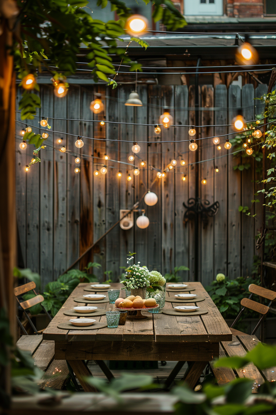 Alt text: Cozy backyard evening setting with wooden table set for dinner, surrounded by twinkling string lights and a wooden fence background.