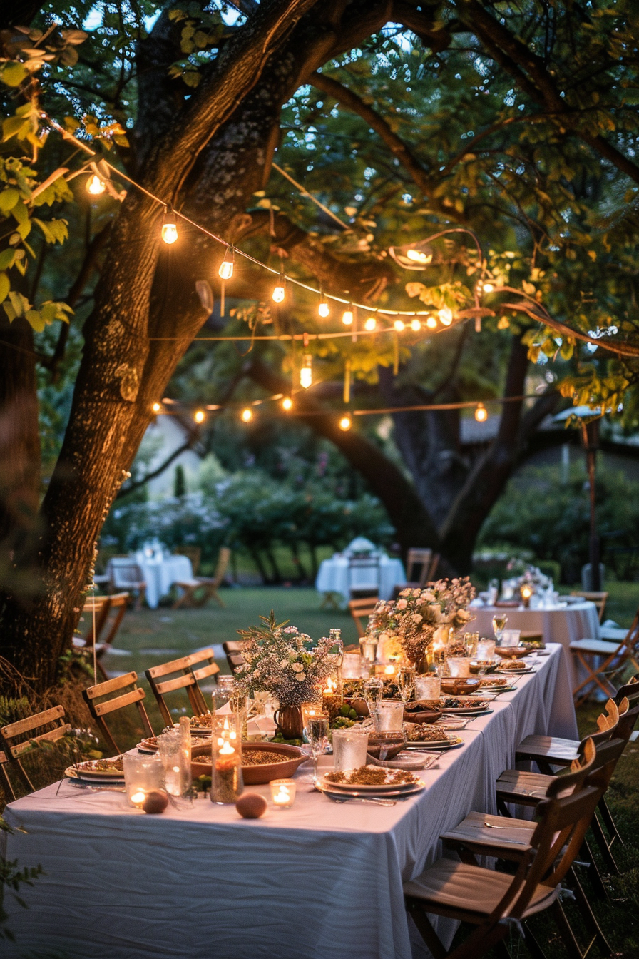 An outdoor evening event with tables set for a dinner under strings of lights with a twilight sky in the background.
