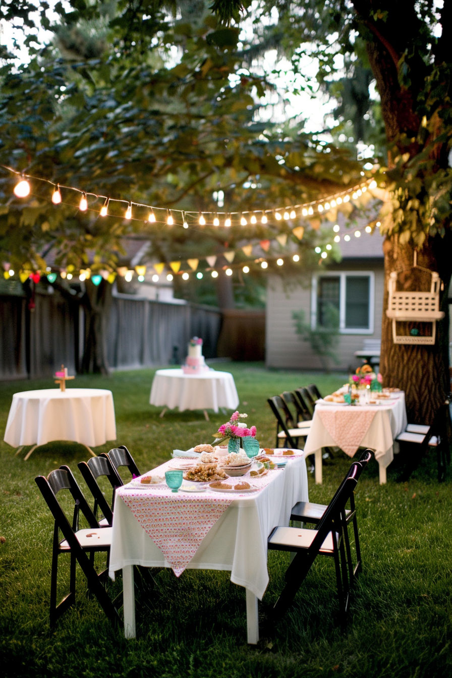 Outdoor evening party setting with tables, chairs, string lights, and a decorated cake on a table under a tree.