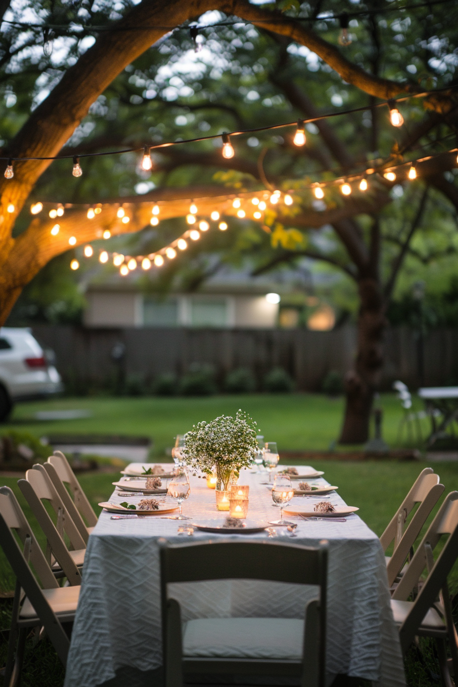 Outdoor dining table setup in a garden with string lights overhead, and a centerpiece of flowers and candles at twilight.