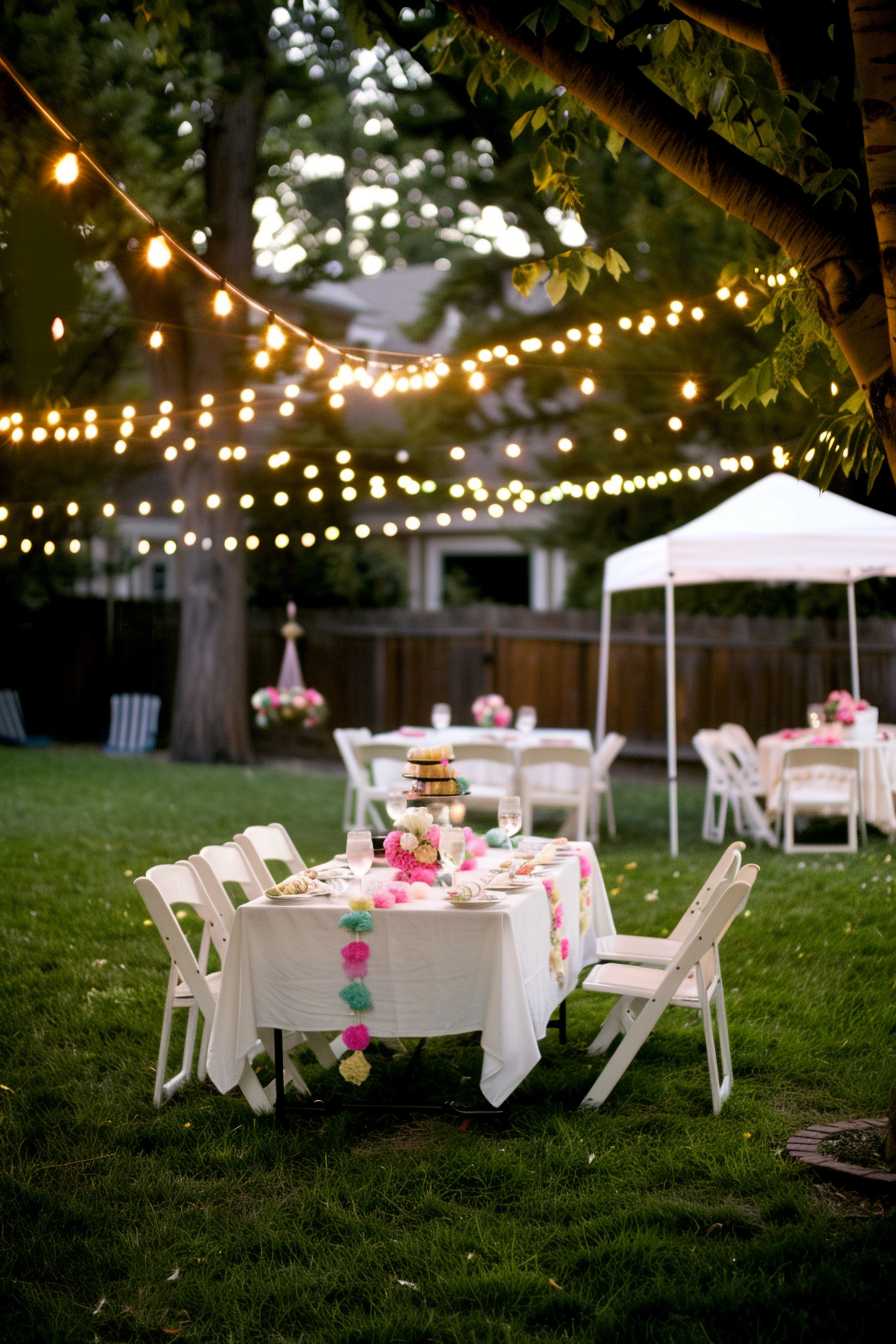 ALT text: An elegantly set table with flowers at an outdoor evening event, adorned with string lights hanging above a grassy area.