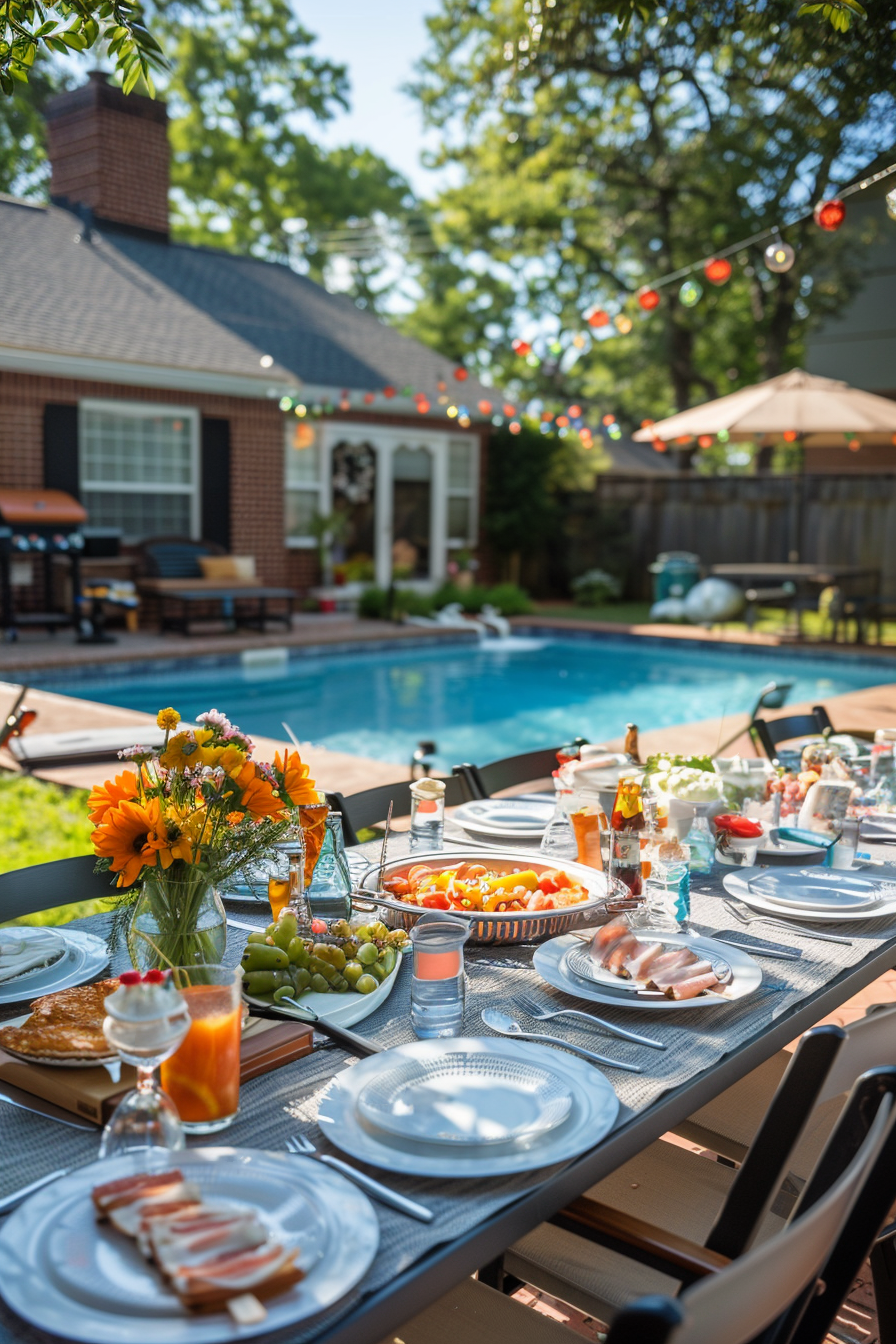 Outdoor dining setup with a pool in the background, decorated table with plates, glasses and summer food, festive lights above.