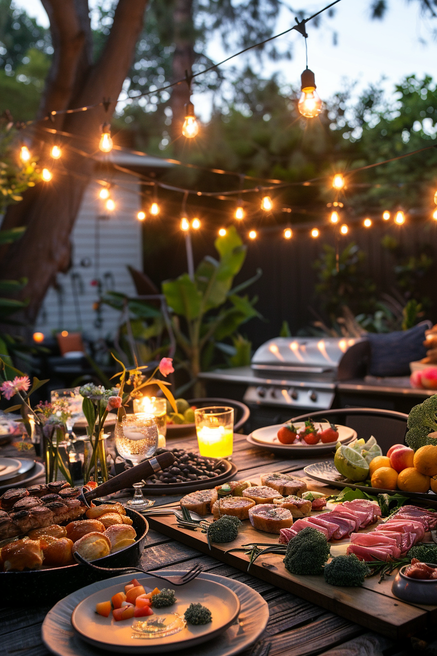 Outdoor evening dinner party setup with string lights, candles, and a spread of various foods on the table.