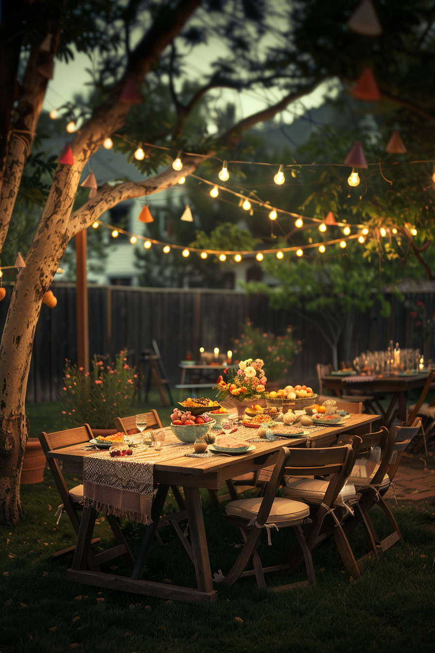 Outdoor evening dining setup with a festively decorated table under string lights and tree shadows.