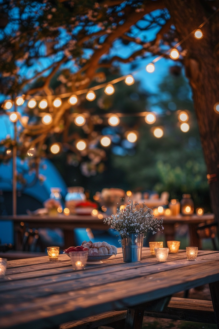 A cozy outdoor evening setting with string lights, candles on a wooden table, and a small bouquet of flowers.